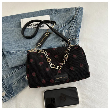 Xajzpa Strawberry Printed Crossbody Mini Bags Corduroy Fresh Ins Style Underarm Bag Refined Female Student Travel Shoulder Bag